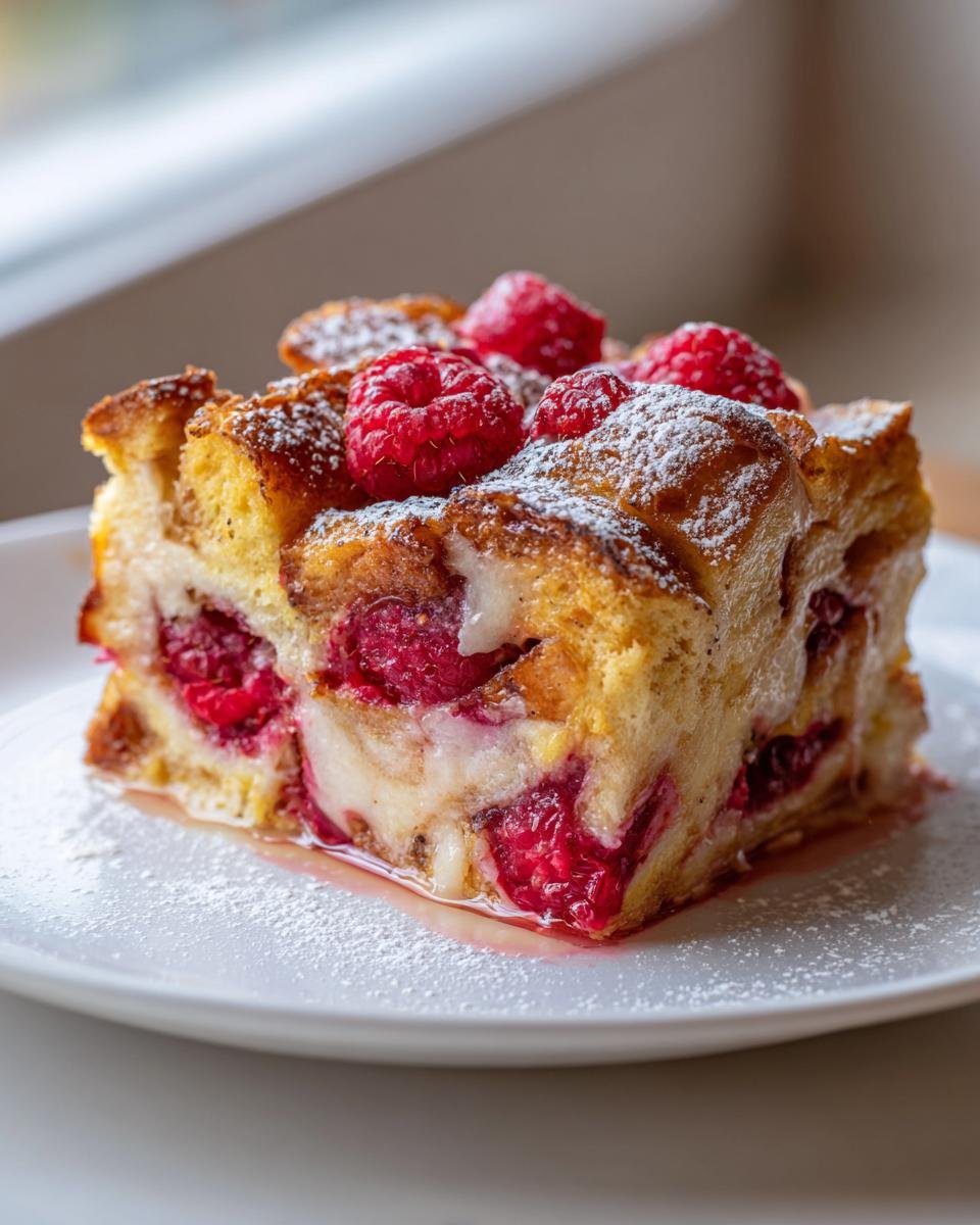 A single, square serving of Irresistible Raspberry Croissant French Toast Bake topped with fresh raspberries and powdered sugar.