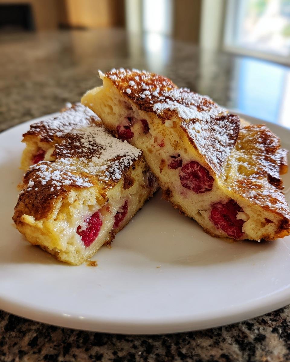 Two slices of Irresistible Raspberry Croissant French Toast Bake dusted with powdered sugar on a white plate.