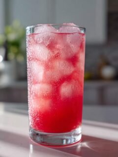 A tall glass filled with ice and bright pink lemonade, showing condensation on the outside.