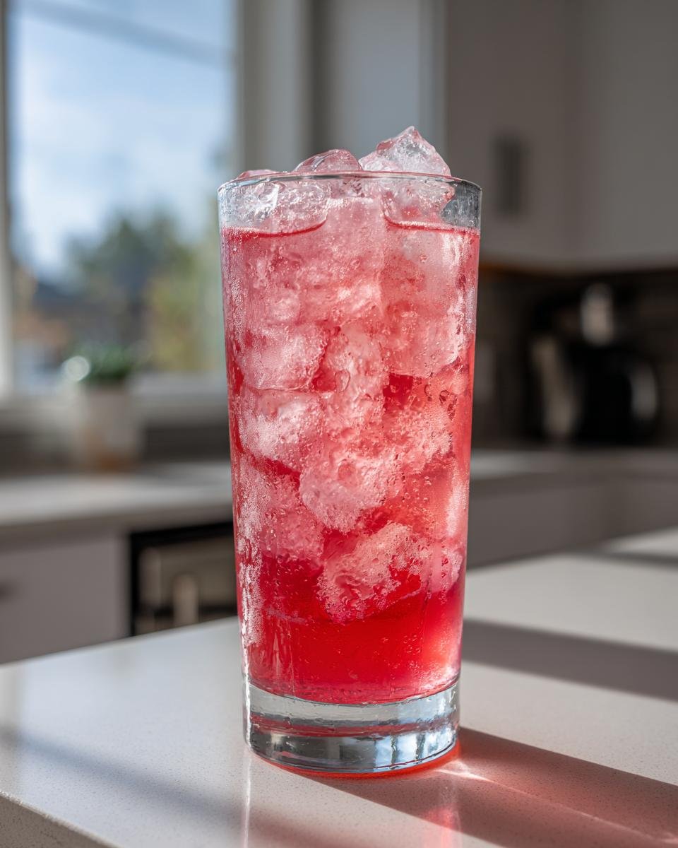 A tall glass filled with ice and bright red Refreshing Pink Lemonade sitting on a bright countertop.
