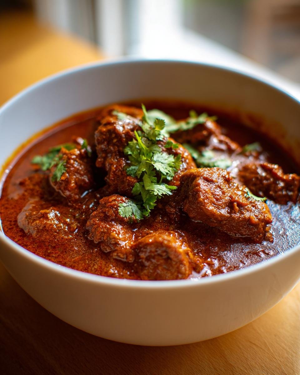 Close-up of rich, red Chicken Rogan Josh served in a white bowl, garnished with fresh cilantro.