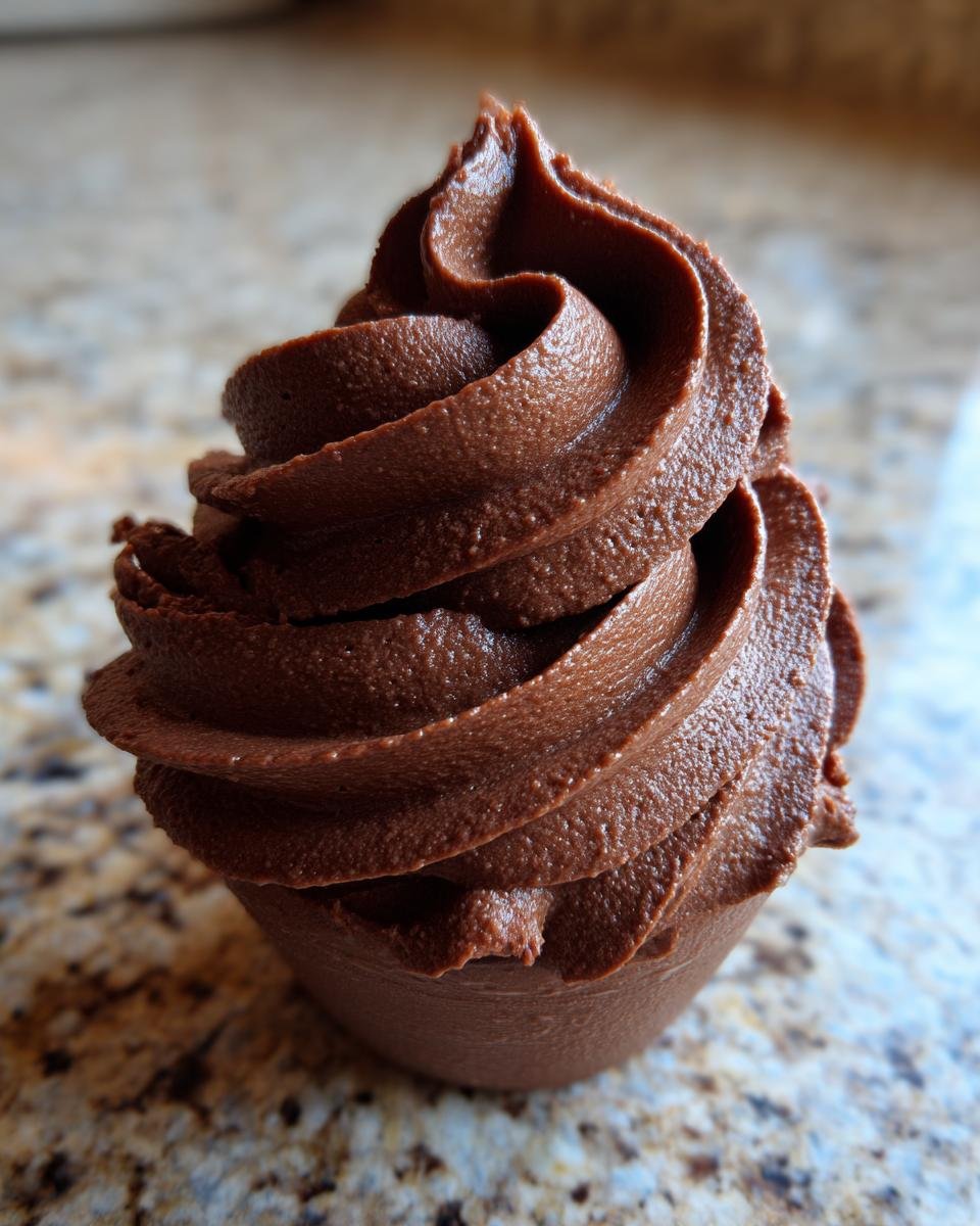 Close-up of a perfectly piped swirl of rich, dark Chocolate Frosting on a speckled countertop.
