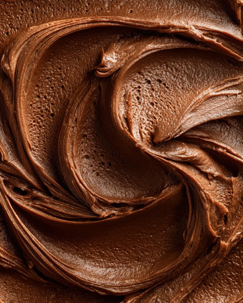 Extreme close-up texture shot showing rich, dark swirls of freshly made Chocolate Frosting.
