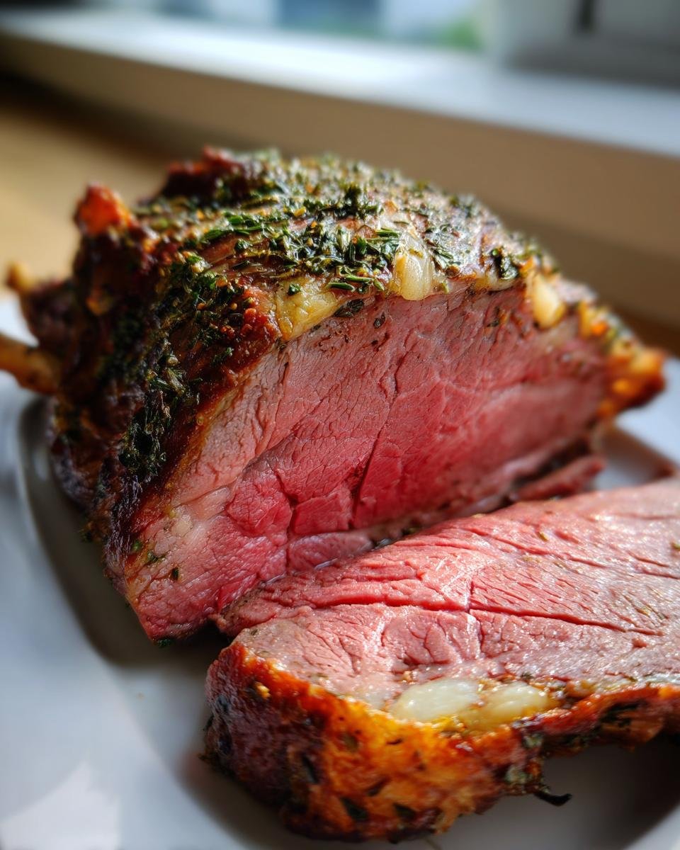 Close-up of a medium-rare Roast Leg Of Lamb, crusted with herbs, resting on a white plate.
