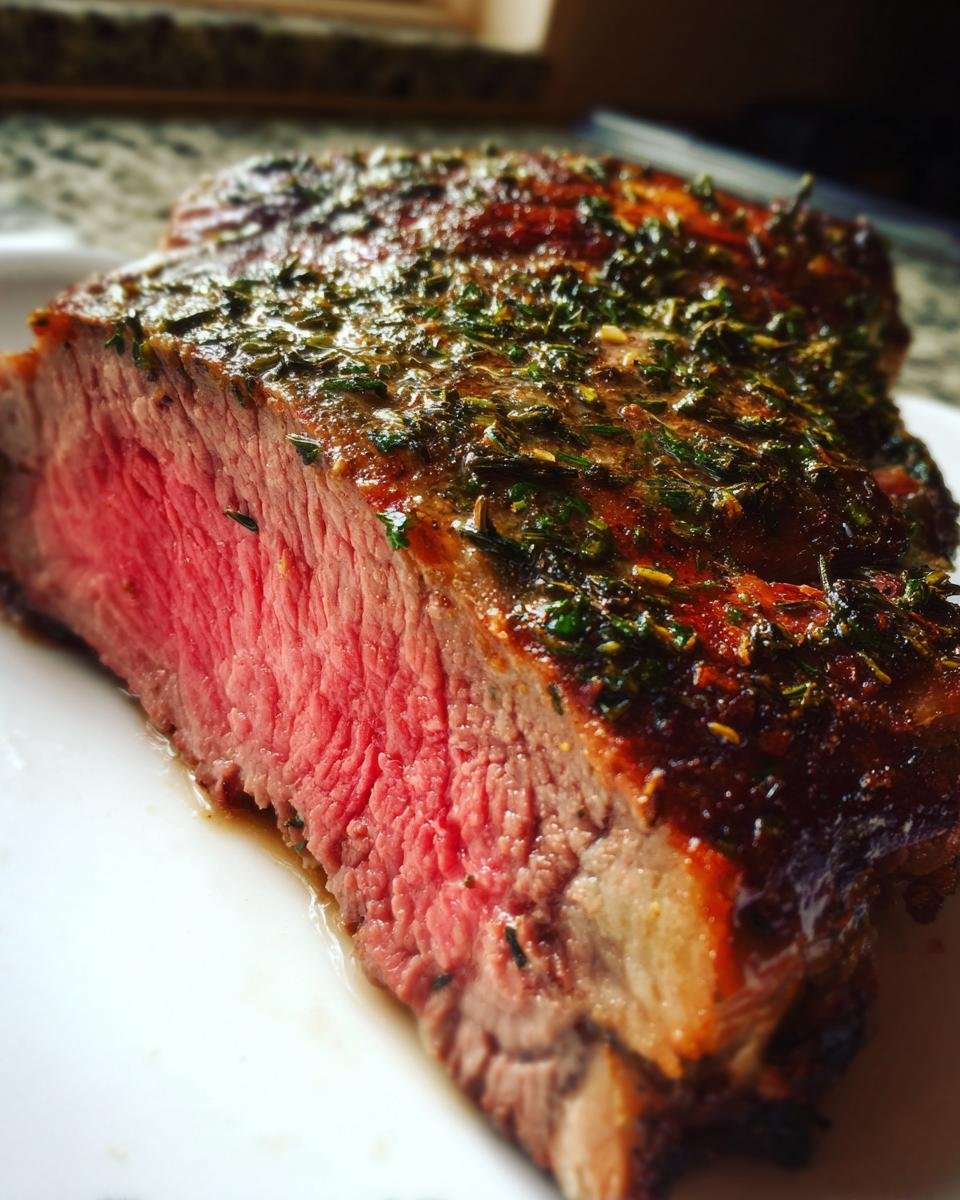 Close-up of a slice of Roast Leg Of Lamb showing a perfectly medium-rare pink center and herb crust.