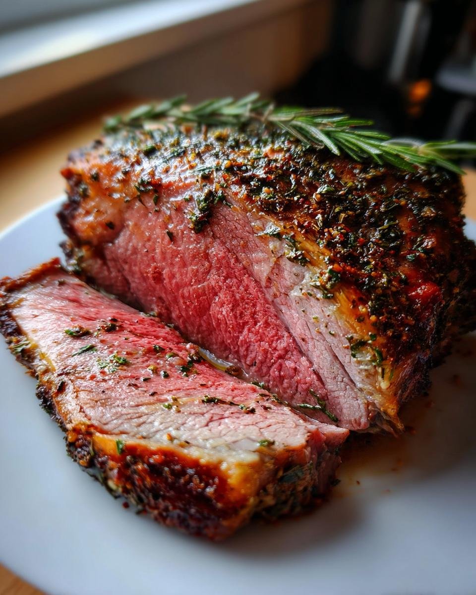 Close-up of a perfectly cooked Roast Leg of Lamb, medium-rare pink center, with an herb crust and rosemary garnish.