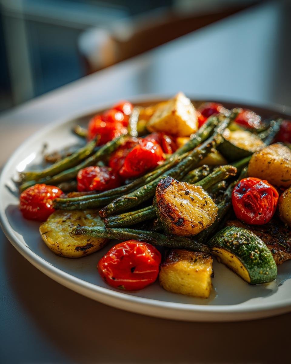 A close-up of perfectly Roasted Green Beans Squash And Tomatoes, seasoned and slightly charred, served on a white plate.