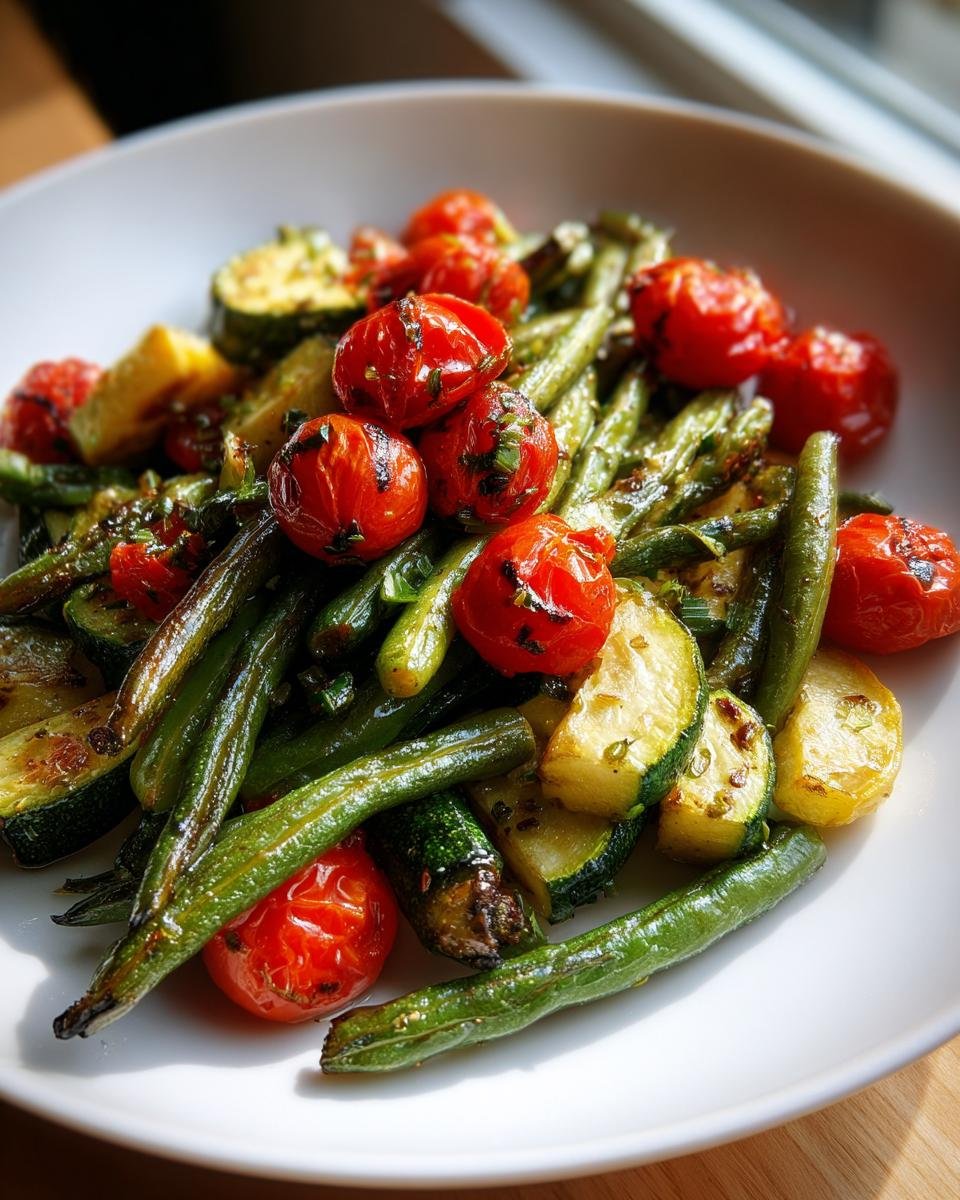 A white bowl filled with perfectly Roasted Green Beans Squash And Tomatoes, glistening from seasoning.