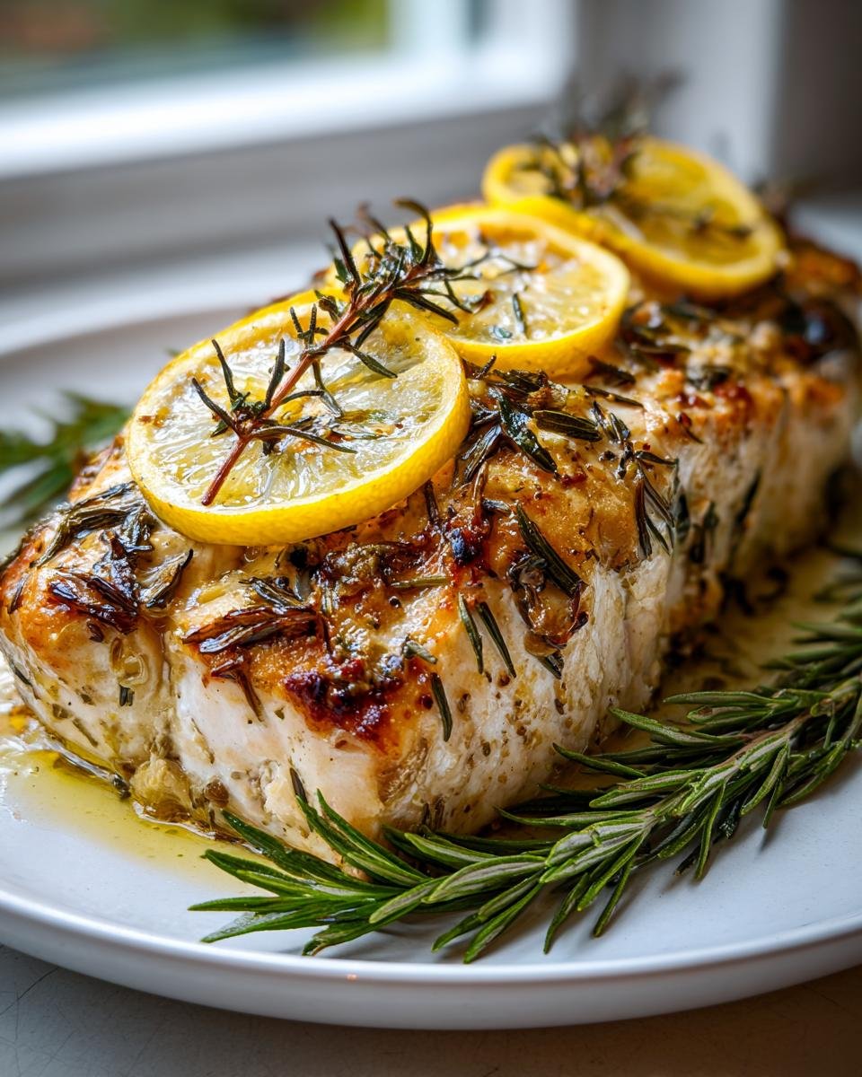Close-up of a perfectly Roasted Mahi Mahi fillet topped with lemon slices and fresh rosemary sprigs.