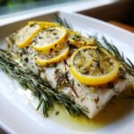 A close-up of a tender Roasted Mahi Mahi fillet topped with lemon slices and fresh rosemary.