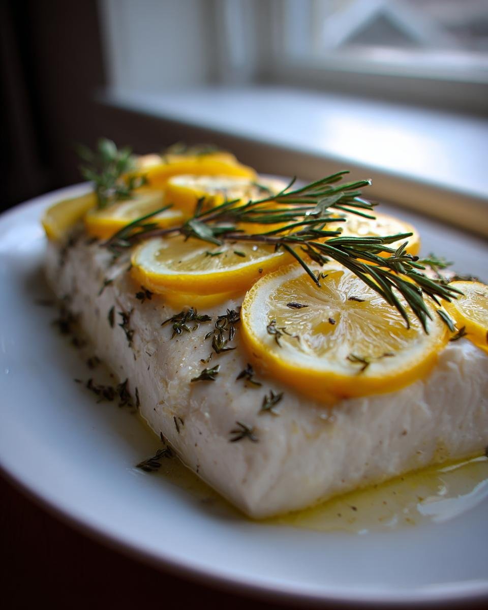 A thick fillet of Roasted Mahi Mahi topped with bright lemon slices and fresh rosemary sprigs.