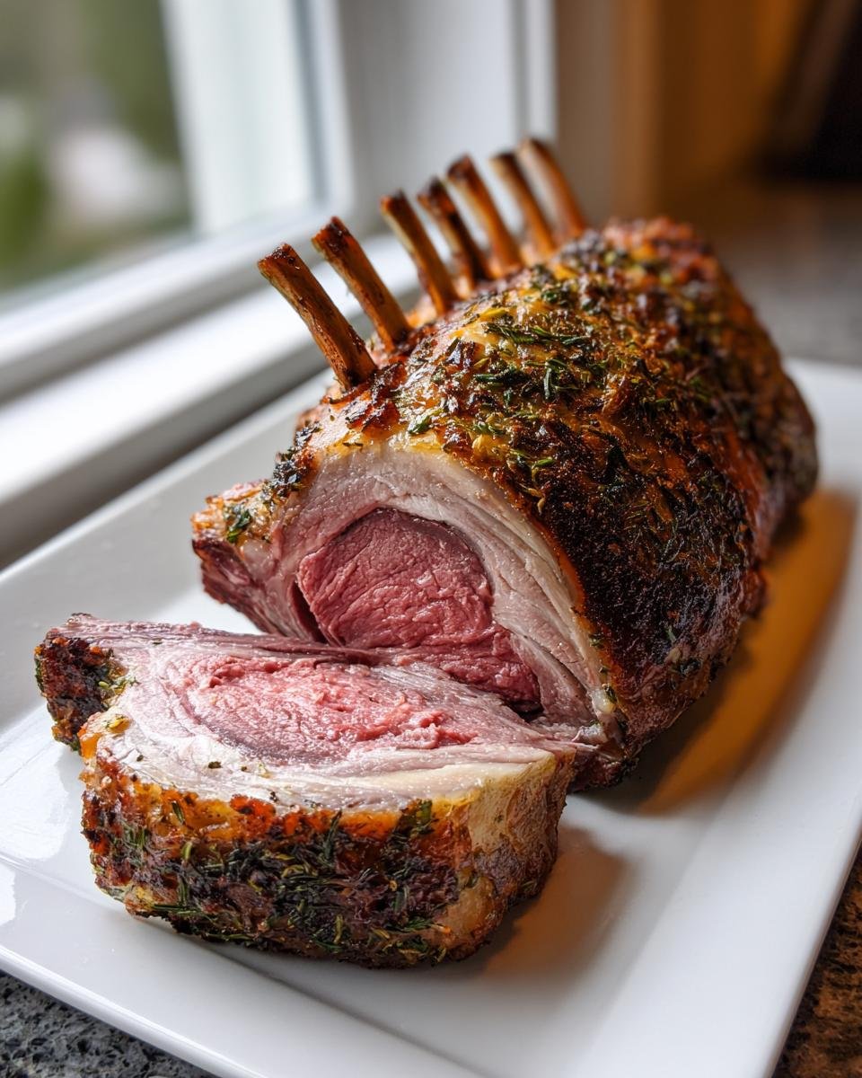 A beautifully browned Roasted Rack Of Lamb, sliced to show a perfect medium-rare center and herb crust.