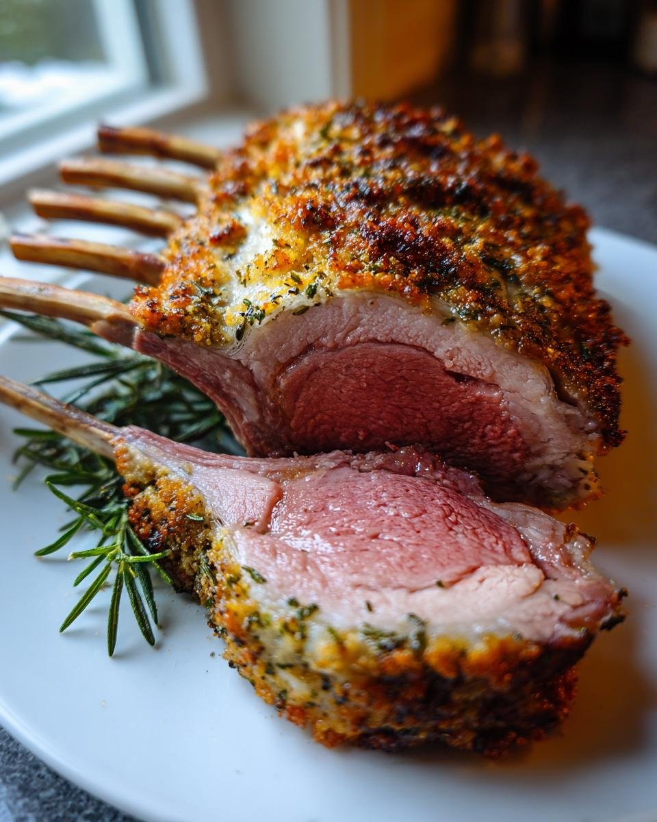 Close-up of a perfectly cooked Roasted Rack Of Lamb, crusted and sliced to show medium-rare pink interior, garnished with rosemary.