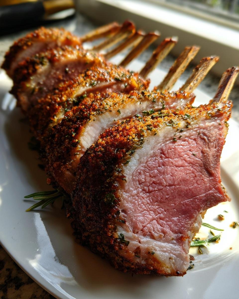 Close-up of sliced Roasted Rack Of Lamb with a herb crust, showing a medium-rare pink center.