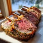 Close-up of perfectly cooked Roasted Rack Of Lamb, sliced to show medium-rare pink center and herb crust.