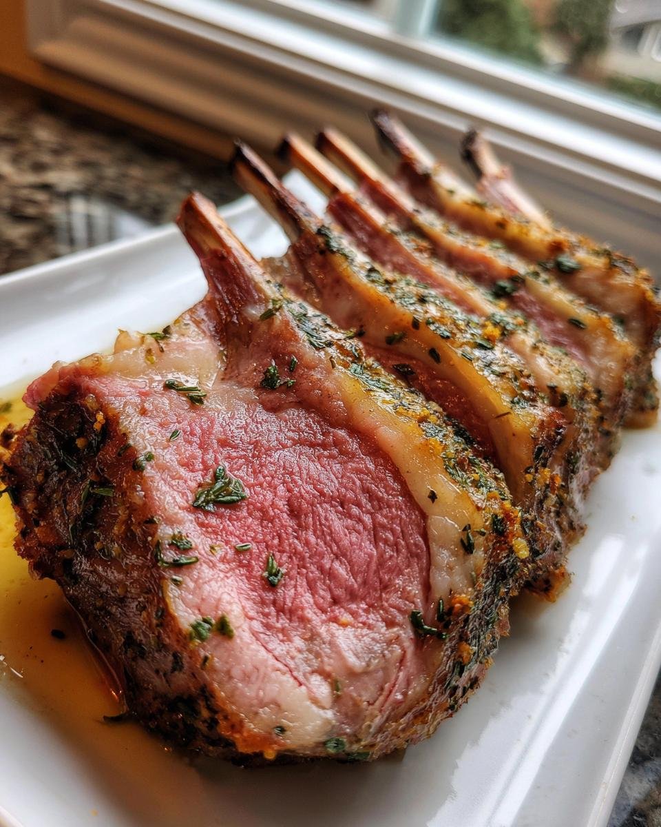 Close-up of perfectly cooked Roasted Rack Of Lamb, sliced to show medium-rare pink center and herb crust.
