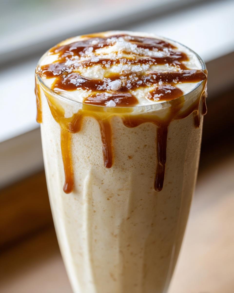Close-up of a creamy Salted Caramel Banana Milkshake topped with caramel drizzle and coarse sea salt.