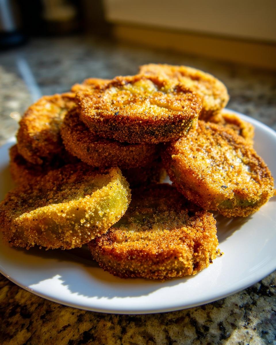 A stack of golden brown, crispy Seasoned Fried Green Tomatoes piled on a white plate.