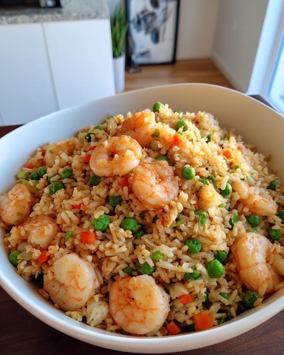 Close-up of a white bowl filled with savory Shrimp Fried Rice, featuring plump shrimp, peas, and carrots.