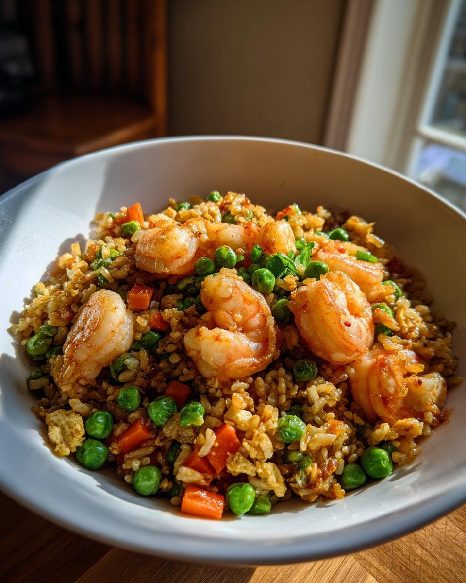 A close-up photo of a white bowl filled with savory Shrimp Fried Rice, featuring plump shrimp, green peas, and diced carrots.