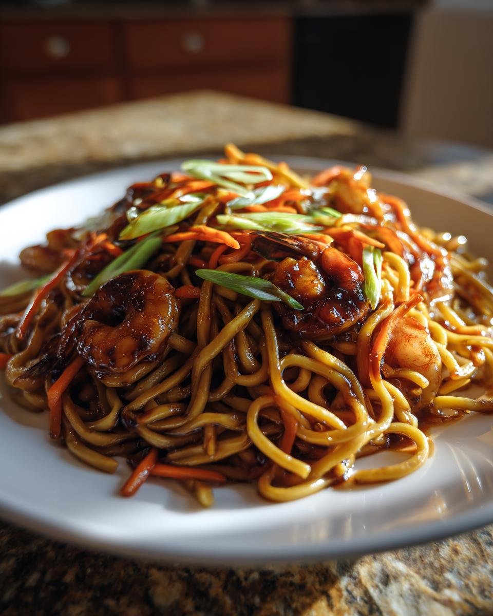 A close-up of a plate piled high with saucy Shrimp Lo Mein noodles, topped with glazed shrimp and sliced green onions.