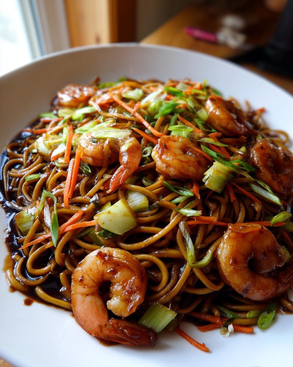 A close-up of delicious Shrimp Lo Mein featuring glossy noodles, large glazed shrimp, carrots, and green onions.