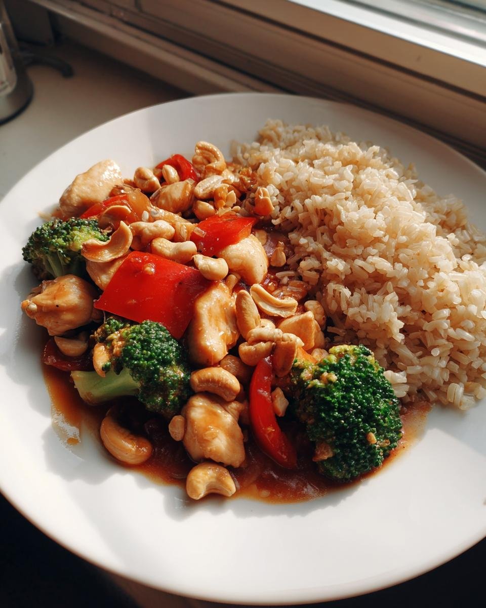 A plate featuring Skinny Cashew Chicken with broccoli, red peppers, and cashews, served alongside brown rice.