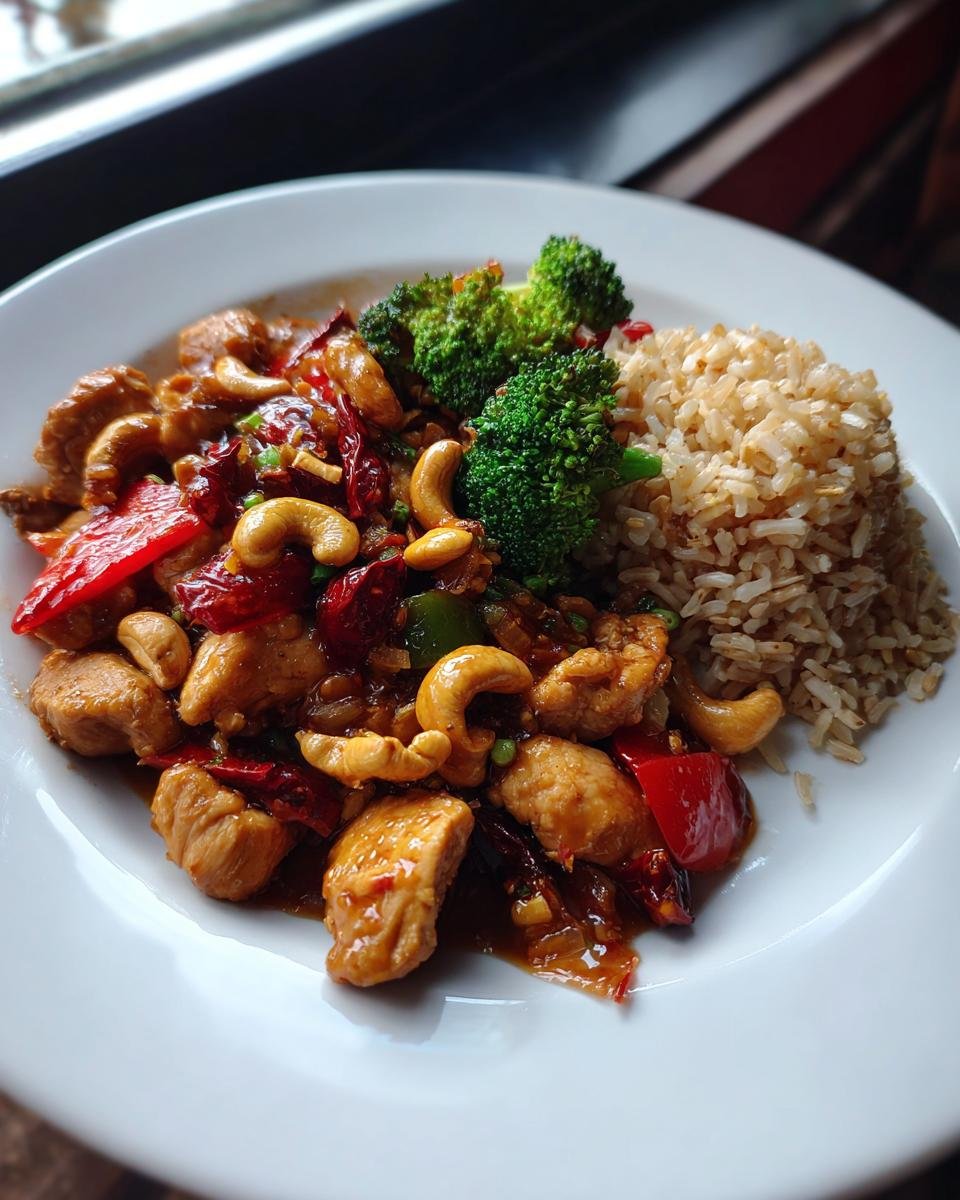 A plate featuring Skinny Cashew Chicken stir-fry with cashews, peppers, brown rice, and steamed broccoli florets.