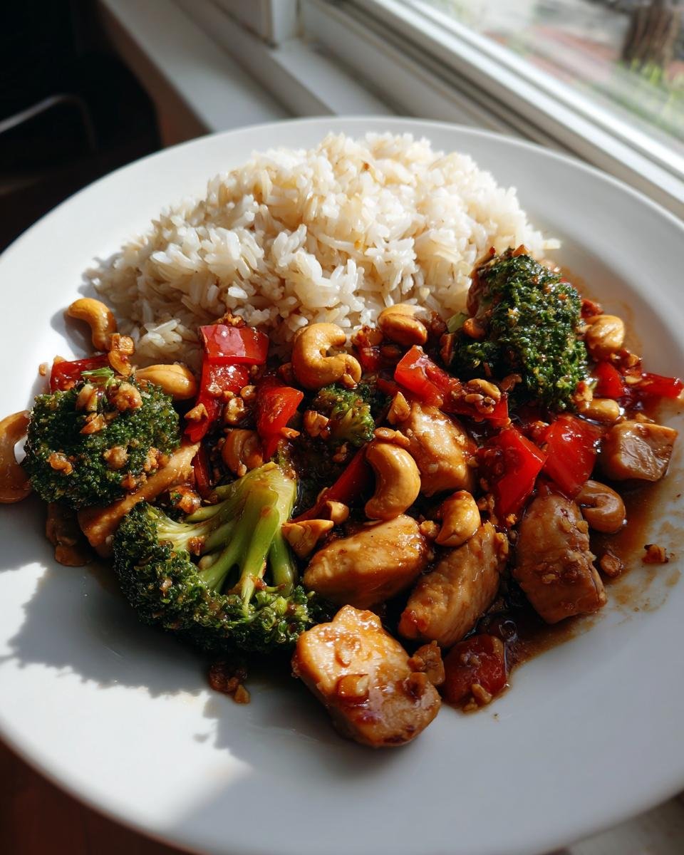 A plate featuring Skinny Cashew Chicken with broccoli, red peppers, and cashews, served alongside white rice.