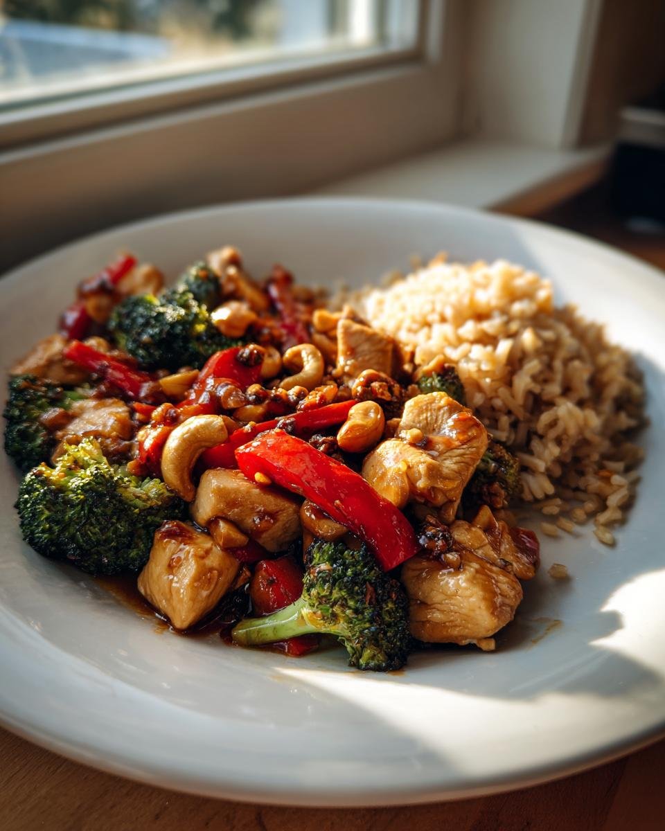 A plate of Skinny Cashew Chicken featuring chicken pieces, broccoli, red peppers, and cashews, served alongside brown rice.
