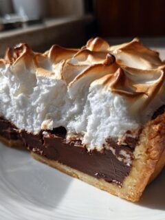 A close-up slice of Chocolate Meringue Pie showing a dark chocolate filling and fluffy, toasted meringue.