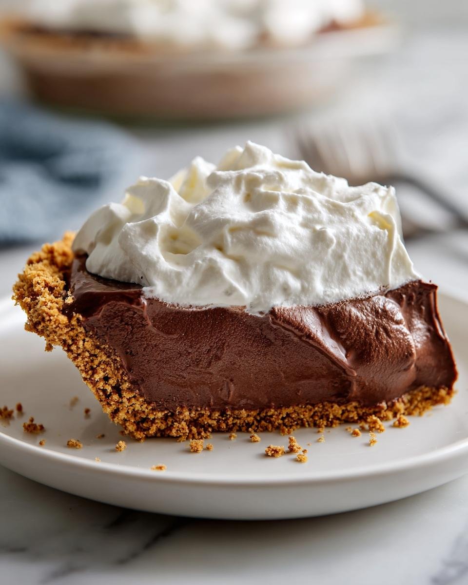 A close-up of a slice of Chocolate Pudding Pie featuring a thick, rich filling and graham cracker crust topped with whipped cream.