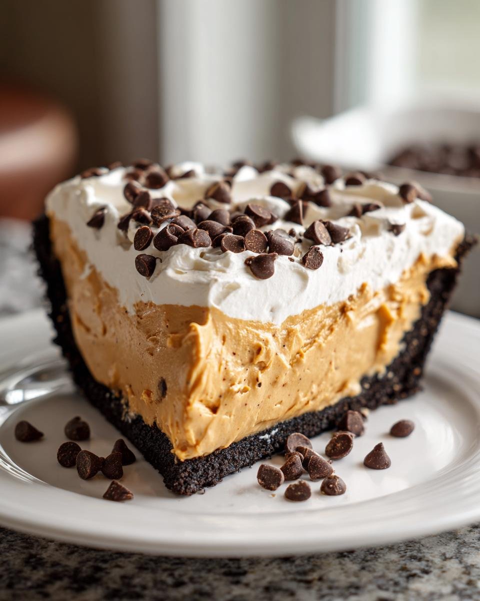 A generous slice of no-bake Peanut Butter Pie featuring a dark crust, thick filling, whipped topping, and mini chocolate chips.