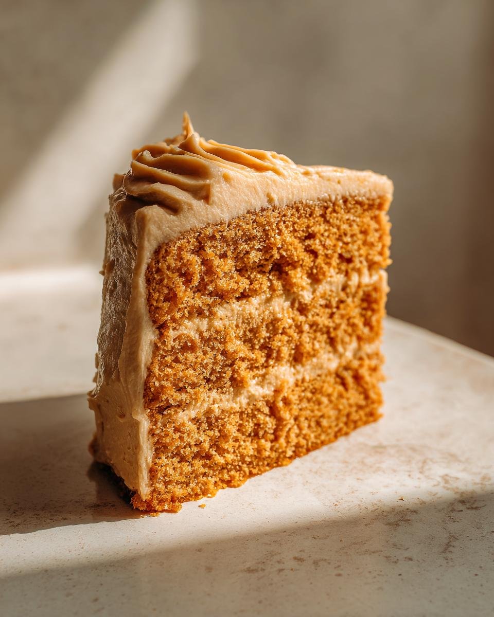 Close-up of a rich, moist slice of Peanut Butter Cake showing two layers of cake and peanut butter frosting.