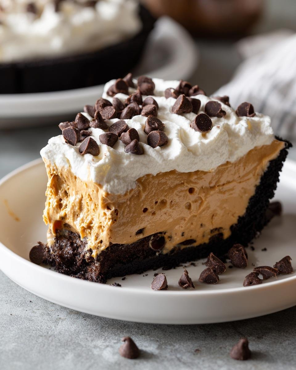 A rich slice of Peanut Butter Pie featuring a chocolate crust, creamy filling, whipped cream, and chocolate chips.