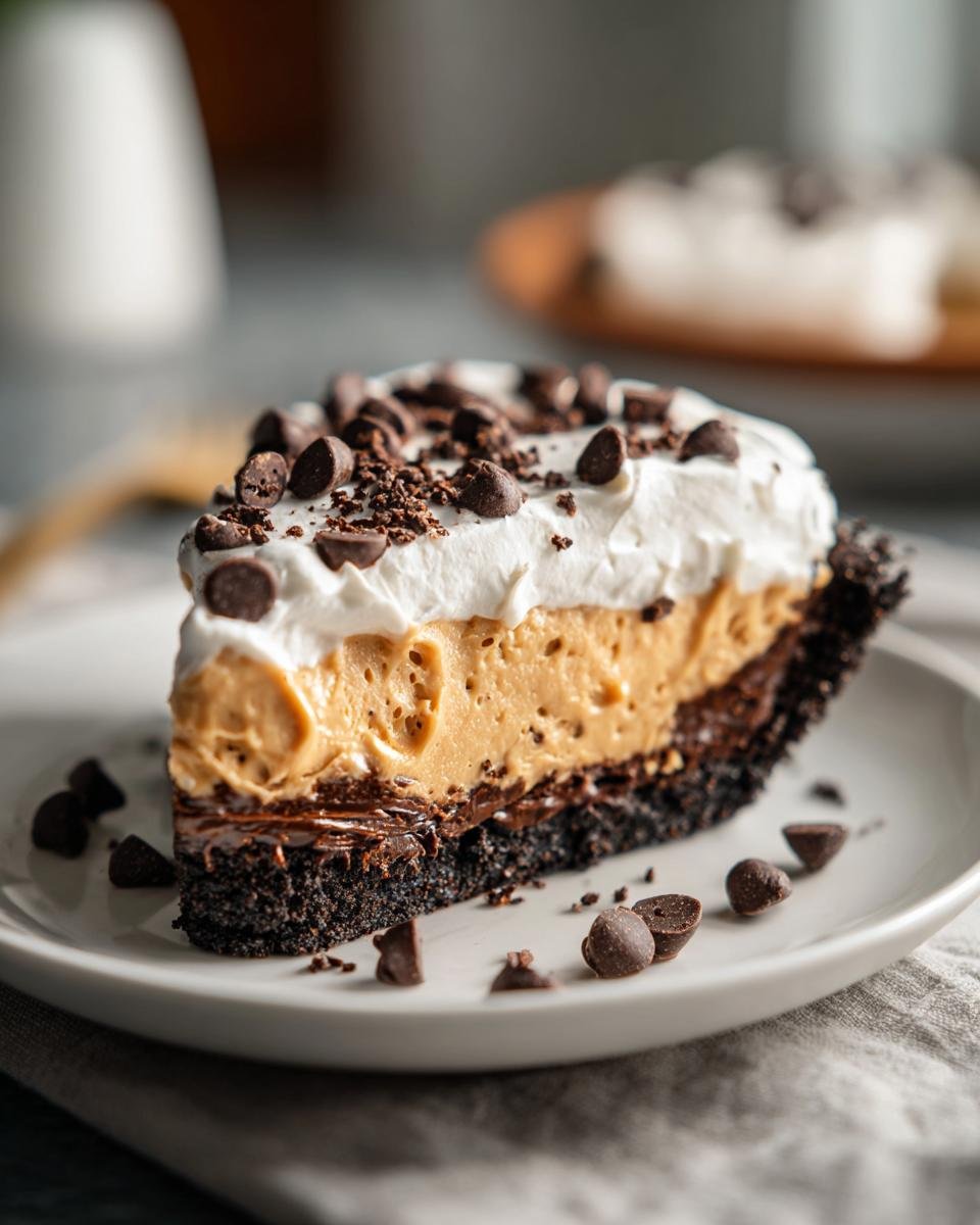 A decadent slice of Peanut Butter Pie featuring a dark crust, creamy filling, whipped cream, and chocolate chips.