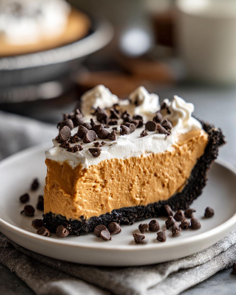 A rich slice of Peanut Butter Pie featuring a dark crust, creamy filling, whipped cream, and chocolate chips.