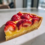 Close-up of a slice of Strawberry Lemon Bars featuring a bright yellow filling and topped with glossy, halved fresh strawberries.