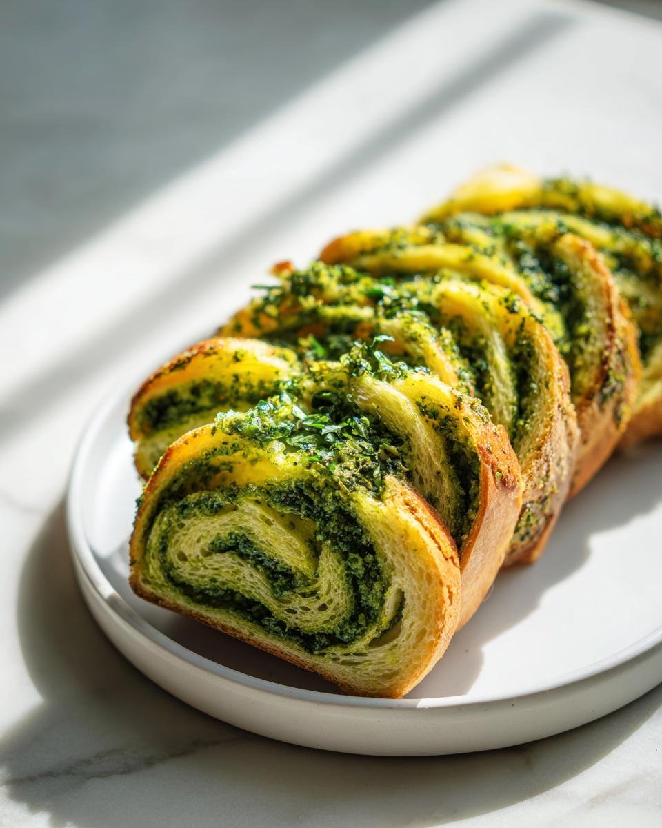 Slices of vibrant Slow Cooker Basil Pesto Bread showing the green swirl filling, served on a white plate.