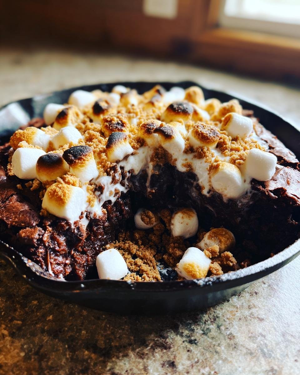 A close-up of a Smores Brownie Skillet, featuring gooey chocolate, toasted marshmallows, and graham cracker crumbs.