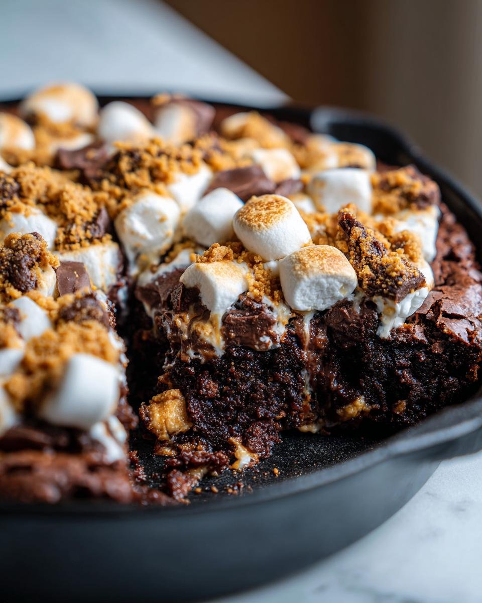 Close-up of a rich Smores Brownie Skillet, topped with toasted marshmallows, chocolate chunks, and graham cracker crumbs.