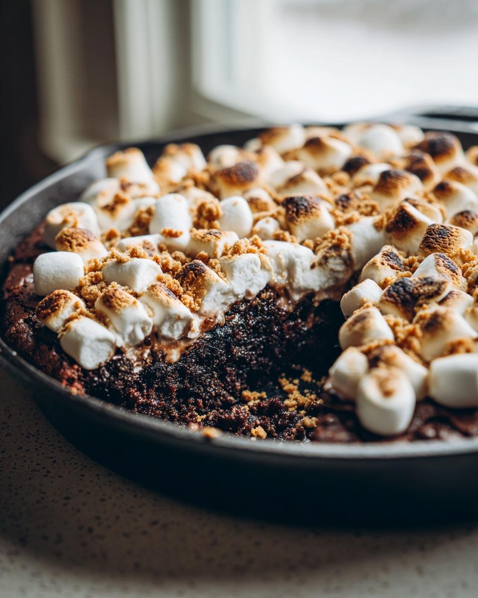 Close-up of a rich, dark Smores Brownie Skillet topped with toasted marshmallows and graham cracker crumbs.
