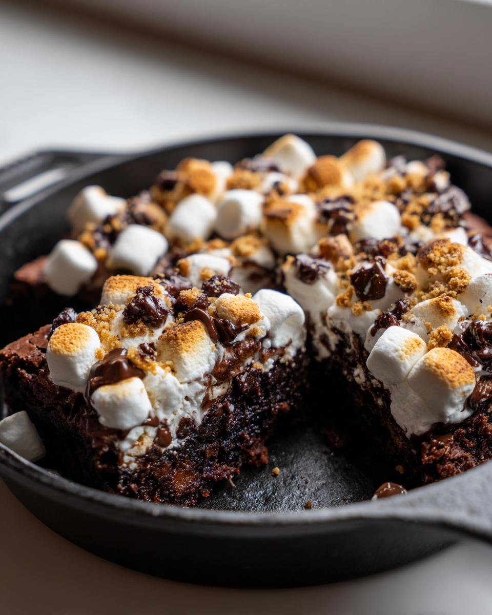 Close-up of a rich Smores Brownie Skillet topped with toasted marshmallows and chocolate sauce.