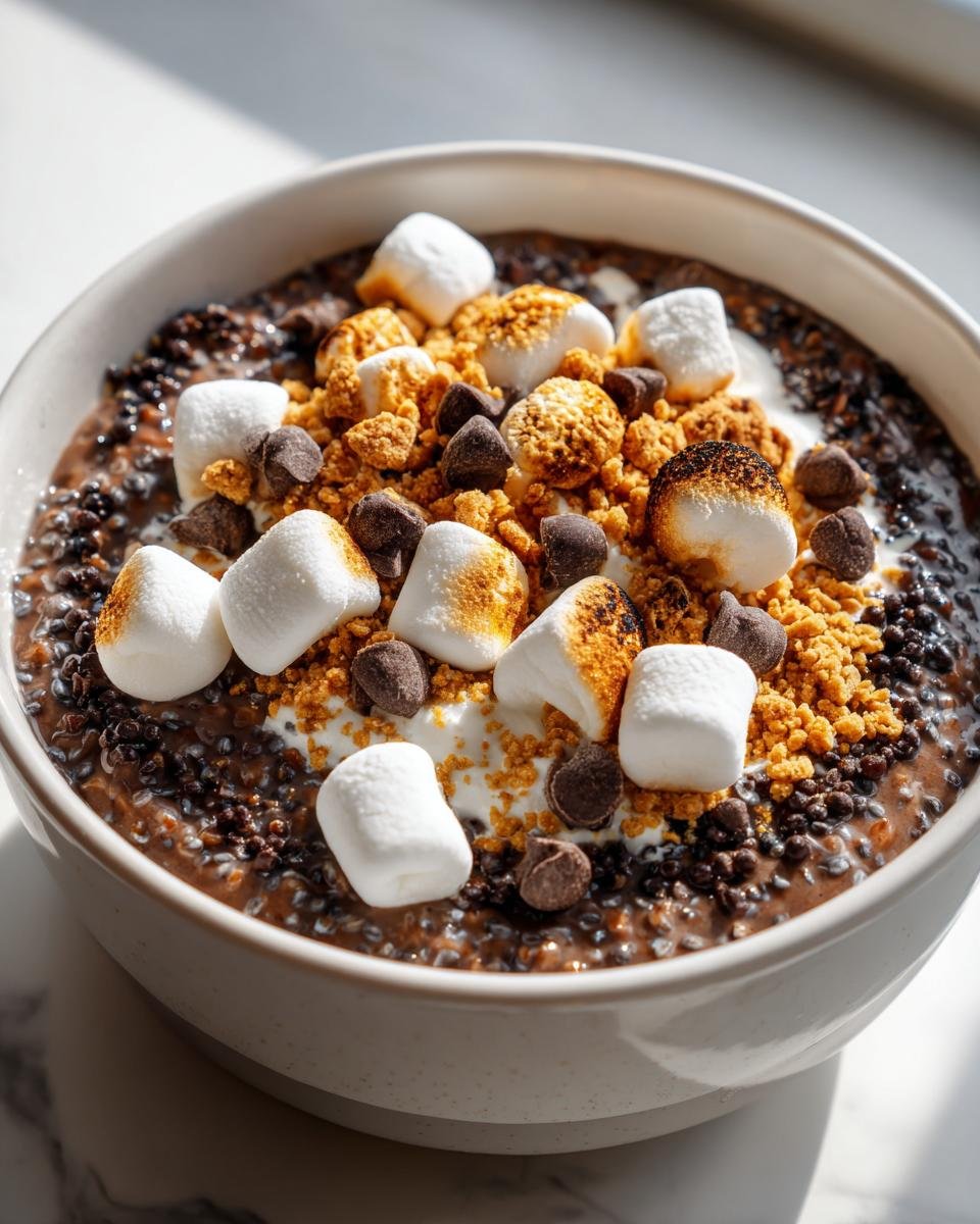 Close-up of Smores Overnight Oats topped with toasted marshmallows, chocolate chips, and graham cracker crumbs.
