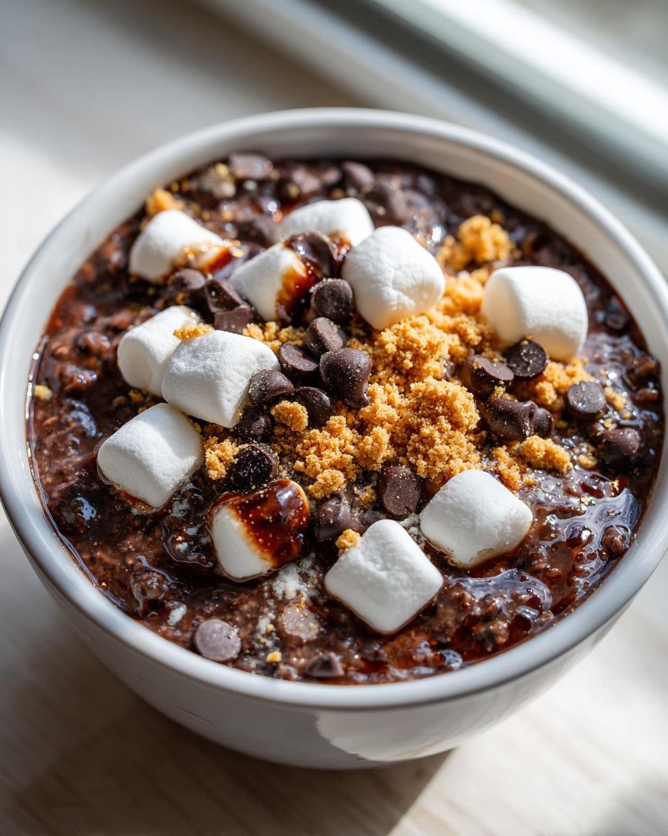 Close-up of Smores Overnight Oats topped with mini marshmallows, chocolate chips, and graham cracker crumbs.