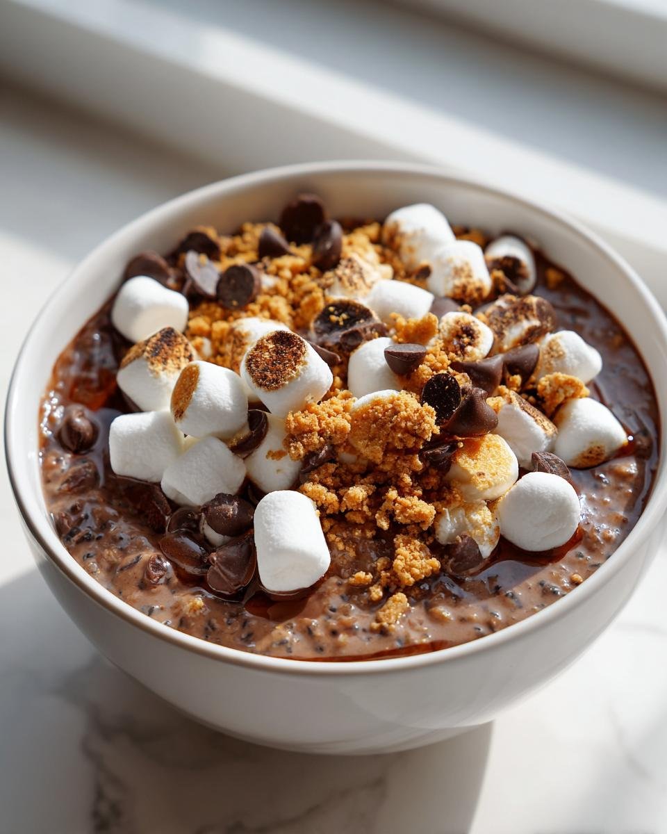Close-up of Smores Overnight Oats topped with toasted marshmallows, chocolate chips, and graham cracker crumble.