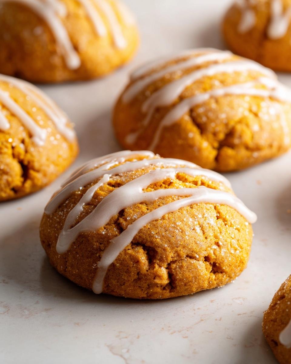 Close-up of several soft, orange Pumpkin Cookies topped with a white vanilla glaze drizzle.