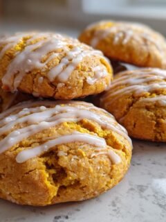 A close-up of soft, orange Pumpkin Cookies stacked and drizzled with white vanilla icing.