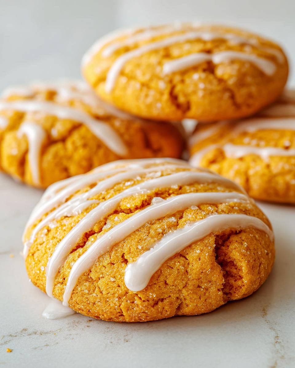Close-up of soft, orange Pumpkin Cookies topped with white vanilla icing drizzle.