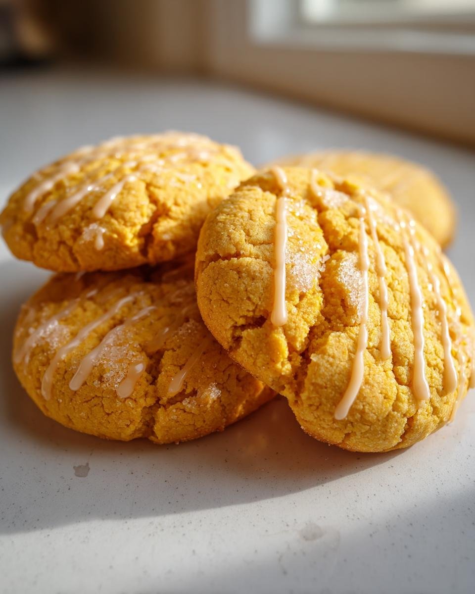 Close-up of soft, orange Pumpkin Cookies drizzled with a light glaze and sprinkled with sugar.